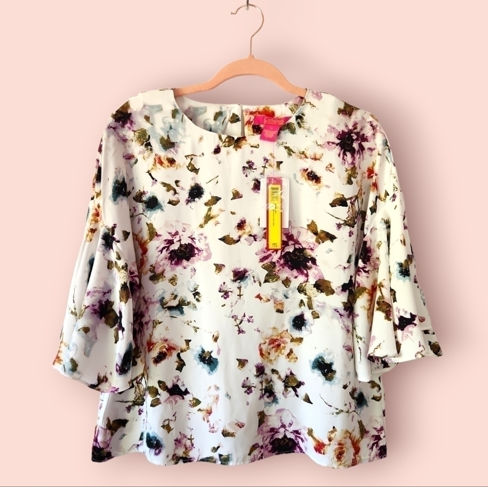 NWT Catherine Malandrino |‎ Silky White Bell Sleeves Floral Keyhole Back Top S